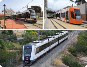 Fotos finales. Tres fotos: una unidad de tranvía (4219) arriba a la izquierda, una de tram de Alicante (4214) arriba a la derecha y una de metro (4316) abajo.
